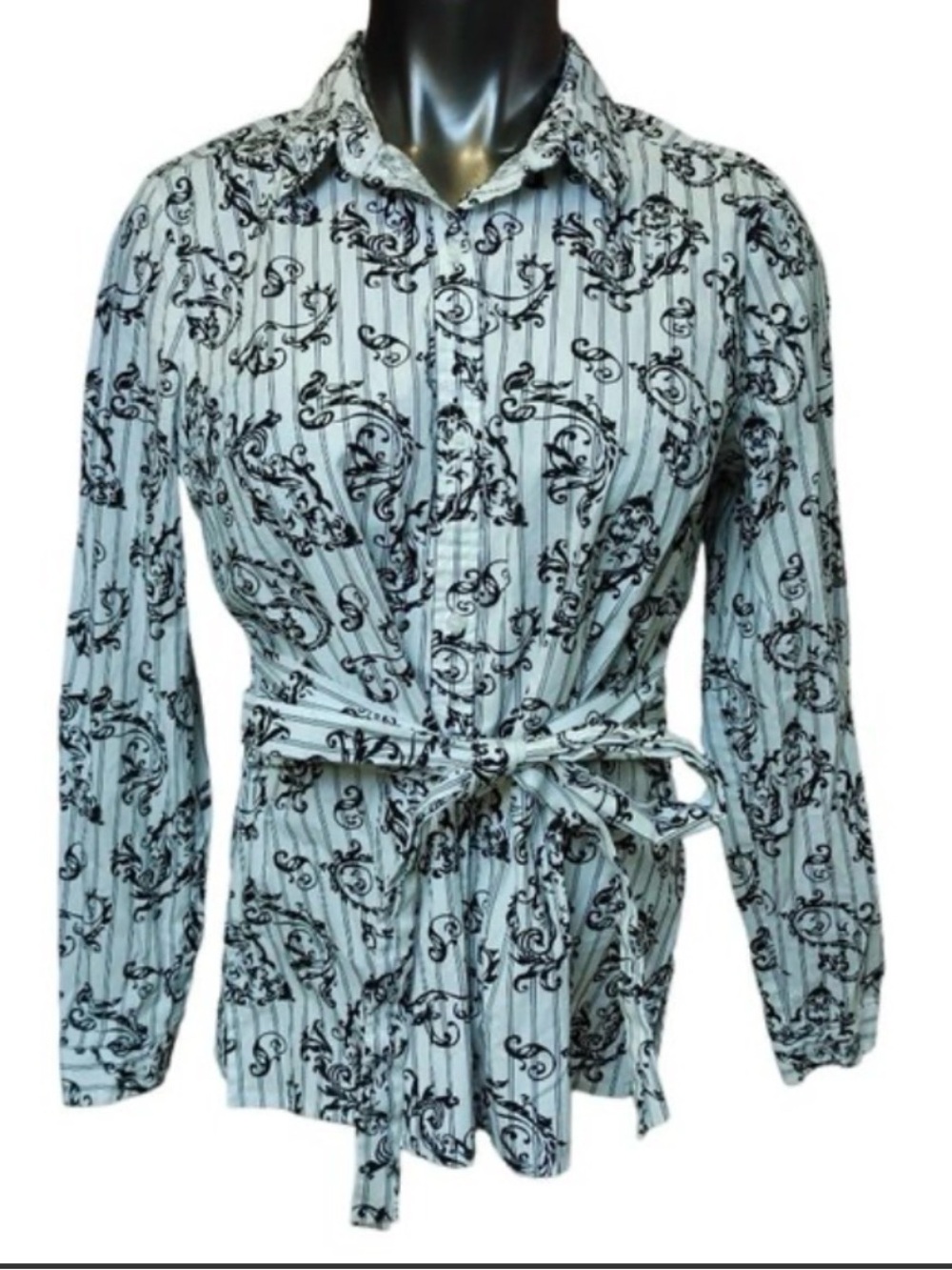 P0008. Floral Button-Up Shirt with Black Scroll Print